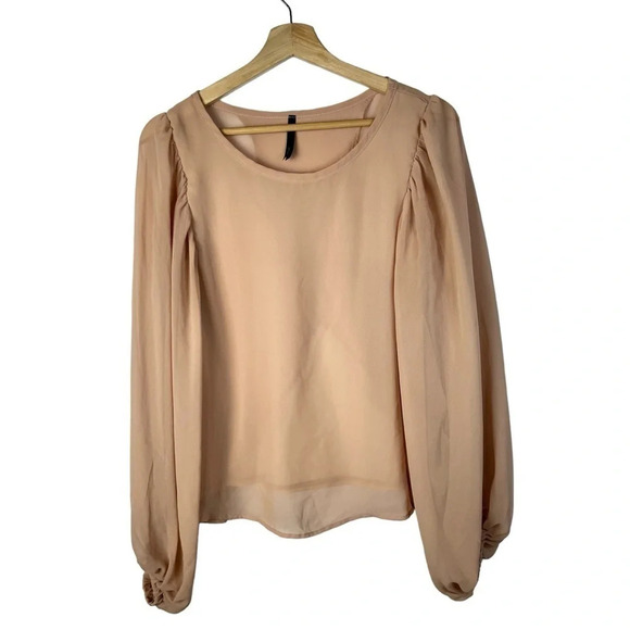 Mona B Light Brown Chiffon Open Ruffle Back Long Sleeve Blouse S - Picture 1 of 4